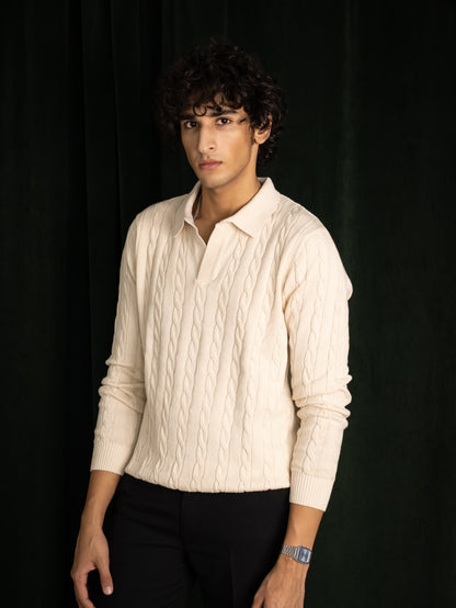 Long Sleeve Cable Knit Polo (Oyster)