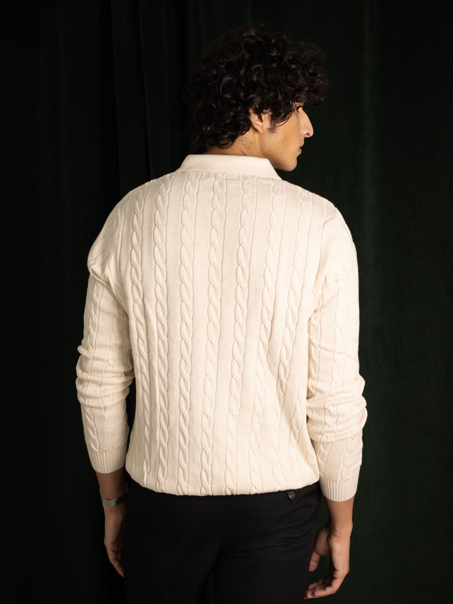 Long Sleeve Cable Knit Polo (Oyster)