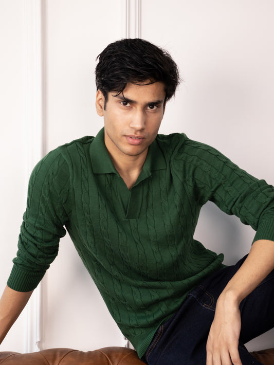 Long Sleeve Cable Knit Polo (British Racing Green)