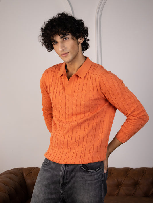 Long Sleeve Cable Knit Polo (Saffron)